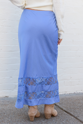 Kaden Blue Satin Lace Inset Midi Skirt, Pink Lily - A Blissfully Beautiful Boutique