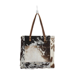 Myra Mesa Trail Patchwork Hairon Tote Bag for Women Rustic Cowhide Design, Brown Leather Handles for Everyday Utility, Myra USA - A Blissfully Beautiful Boutique