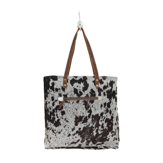 Myra Mesa Trail Patchwork Hairon Tote Bag for Women Rustic Cowhide Design, Brown Leather Handles for Everyday Utility, Myra USA - A Blissfully Beautiful Boutique