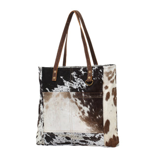 Myra Mesa Trail Patchwork Hairon Tote Bag for Women Rustic Cowhide Design, Brown Leather Handles for Everyday Utility, Myra USA - A Blissfully Beautiful Boutique