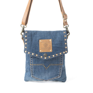 Myra Studded Dahlia Denim Crossbody Bag for Women – Upcycled Jeans with Leather Strap & Front Pocket Flap, Myra USA - A Blissfully Beautiful Boutique