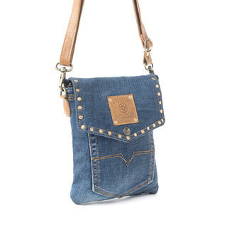 Myra Studded Dahlia Denim Crossbody Bag for Women – Upcycled Jeans with Leather Strap & Front Pocket Flap, Myra USA - A Blissfully Beautiful Boutique