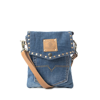 Myra Studded Dahlia Denim Crossbody Bag for Women – Upcycled Jeans with Leather Strap & Front Pocket Flap, Myra USA - A Blissfully Beautiful Boutique