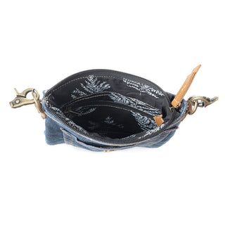 Myra Studded Dahlia Denim Crossbody Bag for Women – Upcycled Jeans with Leather Strap & Front Pocket Flap, Myra USA - A Blissfully Beautiful Boutique