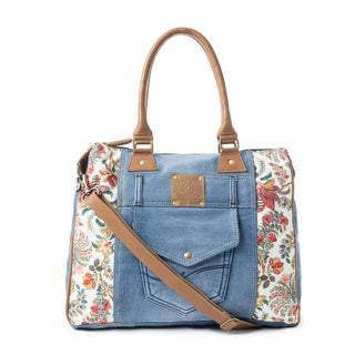 Myra Crimson Glade Floral Canvas Tote Bag - Dual Handle Leather Strap Upcycled Denim Bag for Fun Outings, Myra USA - A Blissfully Beautiful Boutique