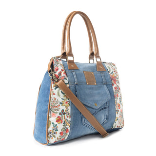 Myra Crimson Glade Floral Canvas Tote Bag - Dual Handle Leather Strap Upcycled Denim Bag for Fun Outings, Myra USA - A Blissfully Beautiful Boutique