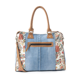 Myra Crimson Glade Floral Canvas Tote Bag - Dual Handle Leather Strap Upcycled Denim Bag for Fun Outings, Myra USA - A Blissfully Beautiful Boutique