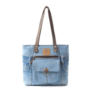 Myra Ashley Adventure Denim Leather Tote Bag - Multi-Compartment Western Bag with Sturdy Leather Handles for Easy Carry, Myra USA - A Blissfully Beautiful Boutique