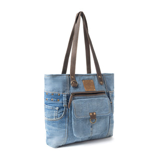 Myra Ashley Adventure Denim Leather Tote Bag - Multi-Compartment Western Bag with Sturdy Leather Handles for Easy Carry, Myra USA - A Blissfully Beautiful Boutique