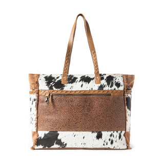 Myra Forester Junction Weekender Bag - Leather Cowhide Tote with Embossed Detailing for Ranch Escapes, Myra USA - A Blissfully Beautiful Boutique