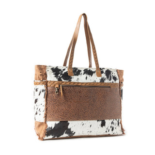 Myra Forester Junction Weekender Bag - Leather Cowhide Tote with Embossed Detailing for Ranch Escapes, Myra USA - A Blissfully Beautiful Boutique
