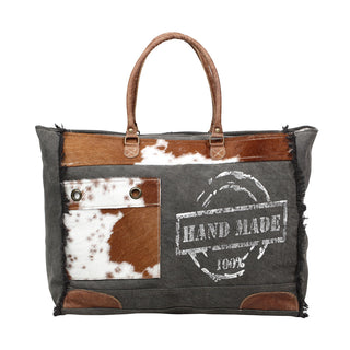 Myra Dakota Trail Hairon Leather Weekender Bag â€“ Handmade Canvas Print with Rustic Fringe Sides & Leather Handles, Myra USA - A Blissfully Beautiful Boutique