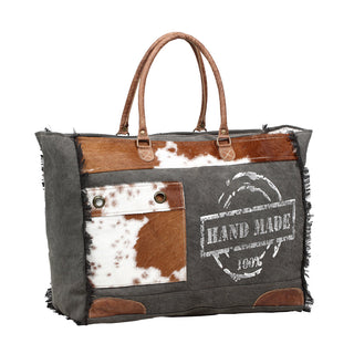 Myra Dakota Trail Hairon Leather Weekender Bag â€“ Handmade Canvas Print with Rustic Fringe Sides & Leather Handles, Myra USA - A Blissfully Beautiful Boutique