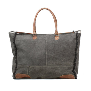 Myra Dakota Trail Hairon Leather Weekender Bag â€“ Handmade Canvas Print with Rustic Fringe Sides & Leather Handles, Myra USA - A Blissfully Beautiful Boutique
