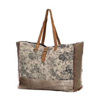 Myra Floweret Weekender Bag for Women – Floral Printed Front, Buckle Closure, Fringed Edges for Travel Chic, Myra USA - A Blissfully Beautiful Boutique