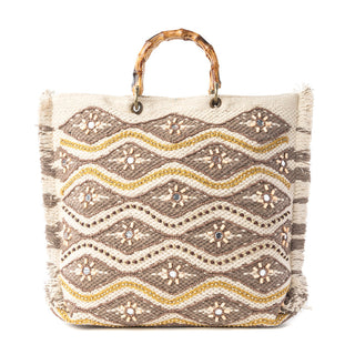 Myra Harvest Dune Hand Embroidered Tote Bag in Misty Taupe, Myra USA - A Blissfully Beautiful Boutique