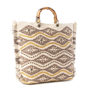 Myra Harvest Dune Hand Embroidered Tote Bag in Misty Taupe, Myra USA - A Blissfully Beautiful Boutique