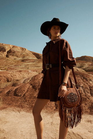 Myra Festival Ember Studded Leather Bag with Fringes in Western Clay, Myra USA - A Blissfully Beautiful Boutique