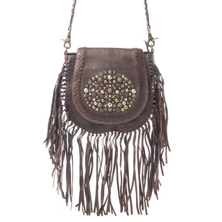 Myra Luna Belle Studded Leather Bag with Fringes in Maverick Mocha, Myra USA - A Blissfully Beautiful Boutique
