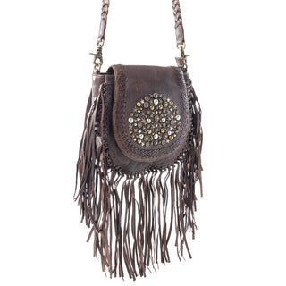 Myra Luna Belle Studded Leather Bag with Fringes in Maverick Mocha, Myra USA - A Blissfully Beautiful Boutique