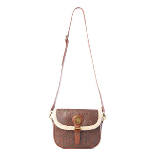 Myra Alpine Rose Embossed Leather Crossbody Bag with Fur Accent in Chestnut Red, Myra USA - A Blissfully Beautiful Boutique