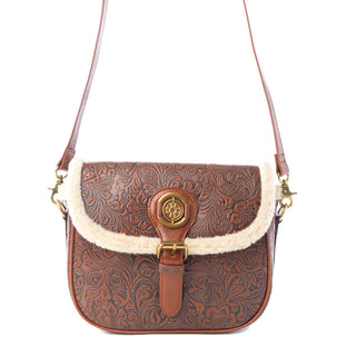 Myra Alpine Rose Embossed Leather Crossbody Bag with Fur Accent in Chestnut Red, Myra USA - A Blissfully Beautiful Boutique