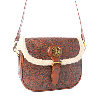 Myra Alpine Rose Embossed Leather Crossbody Bag with Fur Accent in Chestnut Red, Myra USA - A Blissfully Beautiful Boutique