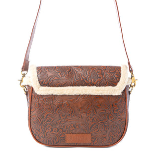 Myra Alpine Rose Embossed Leather Crossbody Bag with Fur Accent in Chestnut Red, Myra USA - A Blissfully Beautiful Boutique