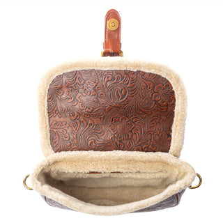 Myra Alpine Rose Embossed Leather Crossbody Bag with Fur Accent in Chestnut Red, Myra USA - A Blissfully Beautiful Boutique