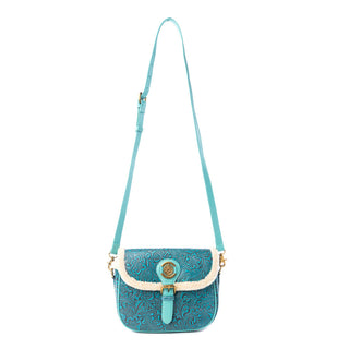 Myra Turquesa Rose Embossed Leather Crossbody Bag with Fur Accent in Cactus Bloom, Myra USA - A Blissfully Beautiful Boutique