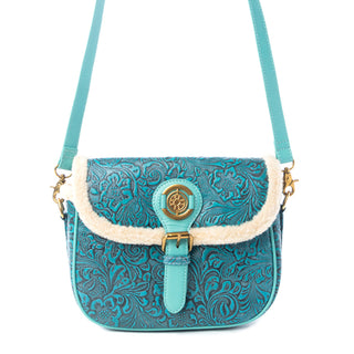 Myra Turquesa Rose Embossed Leather Crossbody Bag with Fur Accent in Cactus Bloom, Myra USA - A Blissfully Beautiful Boutique