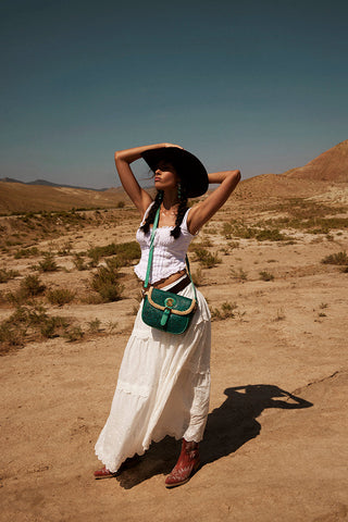 Myra Turquesa Rose Embossed Leather Crossbody Bag with Fur Accent in Cactus Bloom, Myra USA - A Blissfully Beautiful Boutique