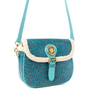 Myra Turquesa Rose Embossed Leather Crossbody Bag with Fur Accent in Cactus Bloom, Myra USA - A Blissfully Beautiful Boutique