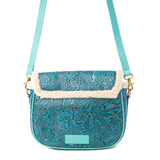 Myra Turquesa Rose Embossed Leather Crossbody Bag with Fur Accent in Cactus Bloom, Myra USA - A Blissfully Beautiful Boutique