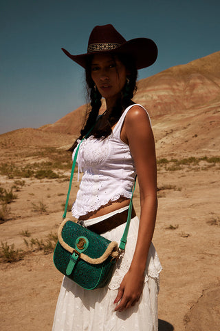 Myra Turquesa Rose Embossed Leather Crossbody Bag with Fur Accent in Cactus Bloom, Myra USA - A Blissfully Beautiful Boutique