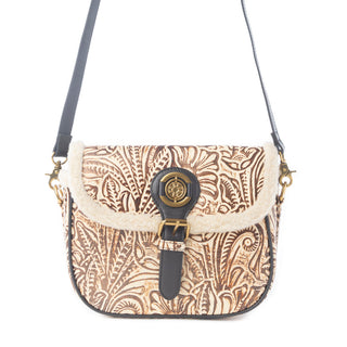 Myra Raven & Dune Embossed Leather Crossbody Bag with Fur Accent in Winter Ivory, Myra USA - A Blissfully Beautiful Boutique