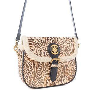 Myra Raven & Dune Embossed Leather Crossbody Bag with Fur Accent in Winter Ivory, Myra USA - A Blissfully Beautiful Boutique