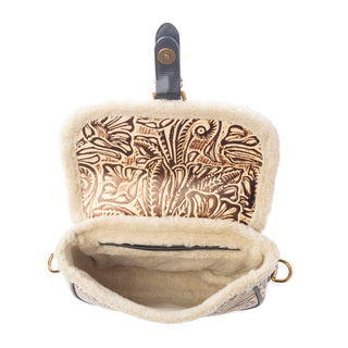 Myra Raven & Dune Embossed Leather Crossbody Bag with Fur Accent in Winter Ivory, Myra USA - A Blissfully Beautiful Boutique