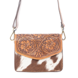 Myra Bridle Blossom Handtooled Hairon Leather Bag in Amber Carve, Myra USA - A Blissfully Beautiful Boutique