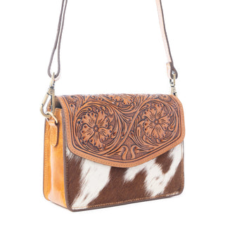 Myra Bridle Blossom Handtooled Hairon Leather Bag in Amber Carve, Myra USA - A Blissfully Beautiful Boutique