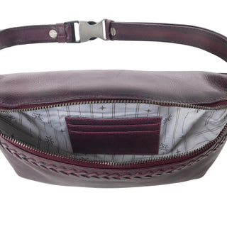 Myra Zidana Amarillo Handstitched Veg Tanned Leather Fanny Pack in Wildrose Plum, Myra USA - A Blissfully Beautiful Boutique
