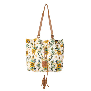 Myra Southern Bloom Cotton & Leather Bucket Bag in Chestnut Beige, Myra USA - A Blissfully Beautiful Boutique