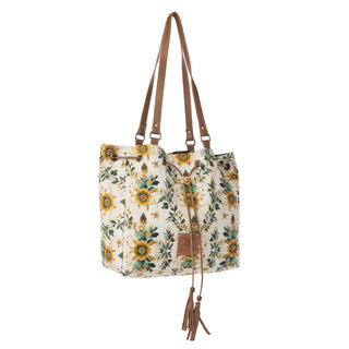 Myra Southern Bloom Cotton & Leather Bucket Bag in Chestnut Beige, Myra USA - A Blissfully Beautiful Boutique