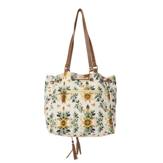 Myra Southern Bloom Cotton & Leather Bucket Bag in Chestnut Beige, Myra USA - A Blissfully Beautiful Boutique