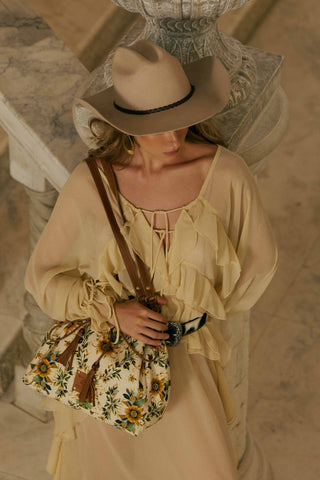 Myra Southern Bloom Cotton & Leather Bucket Bag in Chestnut Beige, Myra USA - A Blissfully Beautiful Boutique