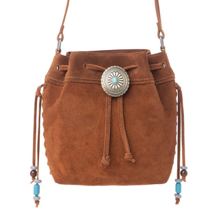 Myra Yellowstone Sundown Ember Suede Leather Bucket Bag in Maple Brown, Myra USA - A Blissfully Beautiful Boutique