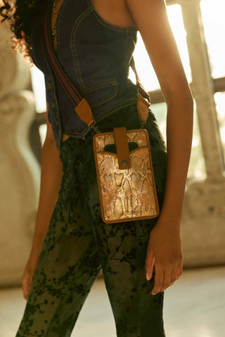 Myra Cedar Snake Print Leather Cell Phone Holder in Toffee Patch, Myra USA - A Blissfully Beautiful Boutique