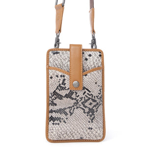 Myra Cedar Snake Print Leather Cell Phone Holder in Ebony Cream, Myra USA - A Blissfully Beautiful Boutique
