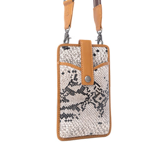 Myra Cedar Snake Print Leather Cell Phone Holder in Ebony Cream, Myra USA - A Blissfully Beautiful Boutique
