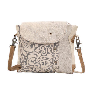 Myra Factual Hairon Leather Messenger Bag â€“ Swirl Canvas, White Hairon Flap, Rustic Straps for Everyday Western Style, Myra USA - A Blissfully Beautiful Boutique